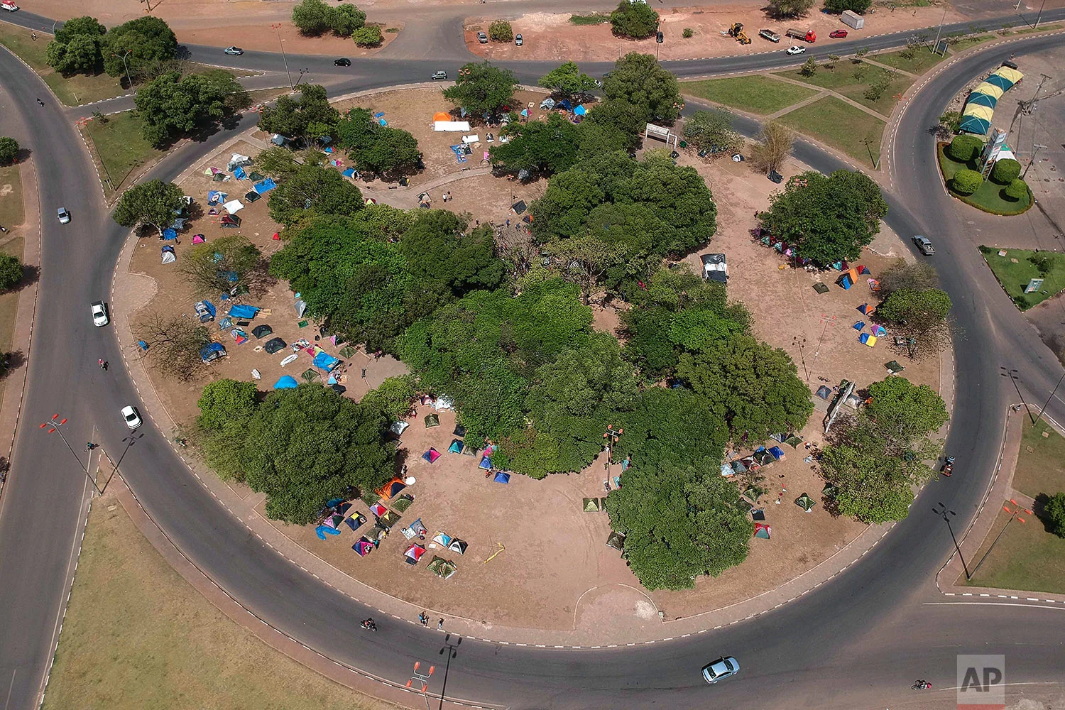 Tents set up by recently arrivals of Venezuelans dot Simon Bolivar Square in Boa Vista, Roraima state, Brazil, March 11, 2018. (AP Photo/Eraldo Peres)