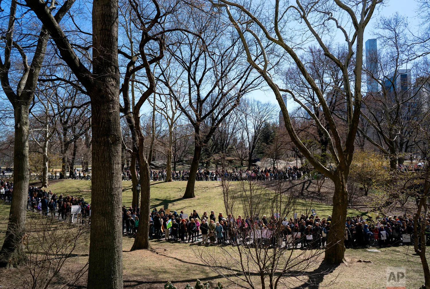 An overflow crowd gathers in Central Park as people take part in a march and rally against gun violence along nearby Central Park West Saturday, March 24, 2018, in New York. Students and activists across the country planned events n conjunction with a Washington march spearheaded by teens from Marjory Stoneman Douglas High School in Parkland, Fla., where 17 people were killed in February. (AP Photo/Craig Ruttle)