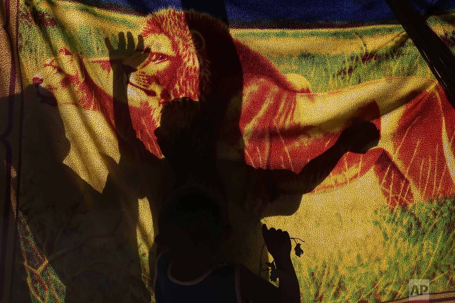  In this March 10, 2018 photo, the shadows of Warao children are cast on a blanket serving as a curtain at a shelter in Pacaraima, Brazil. (AP Photo/Eraldo Peres) 