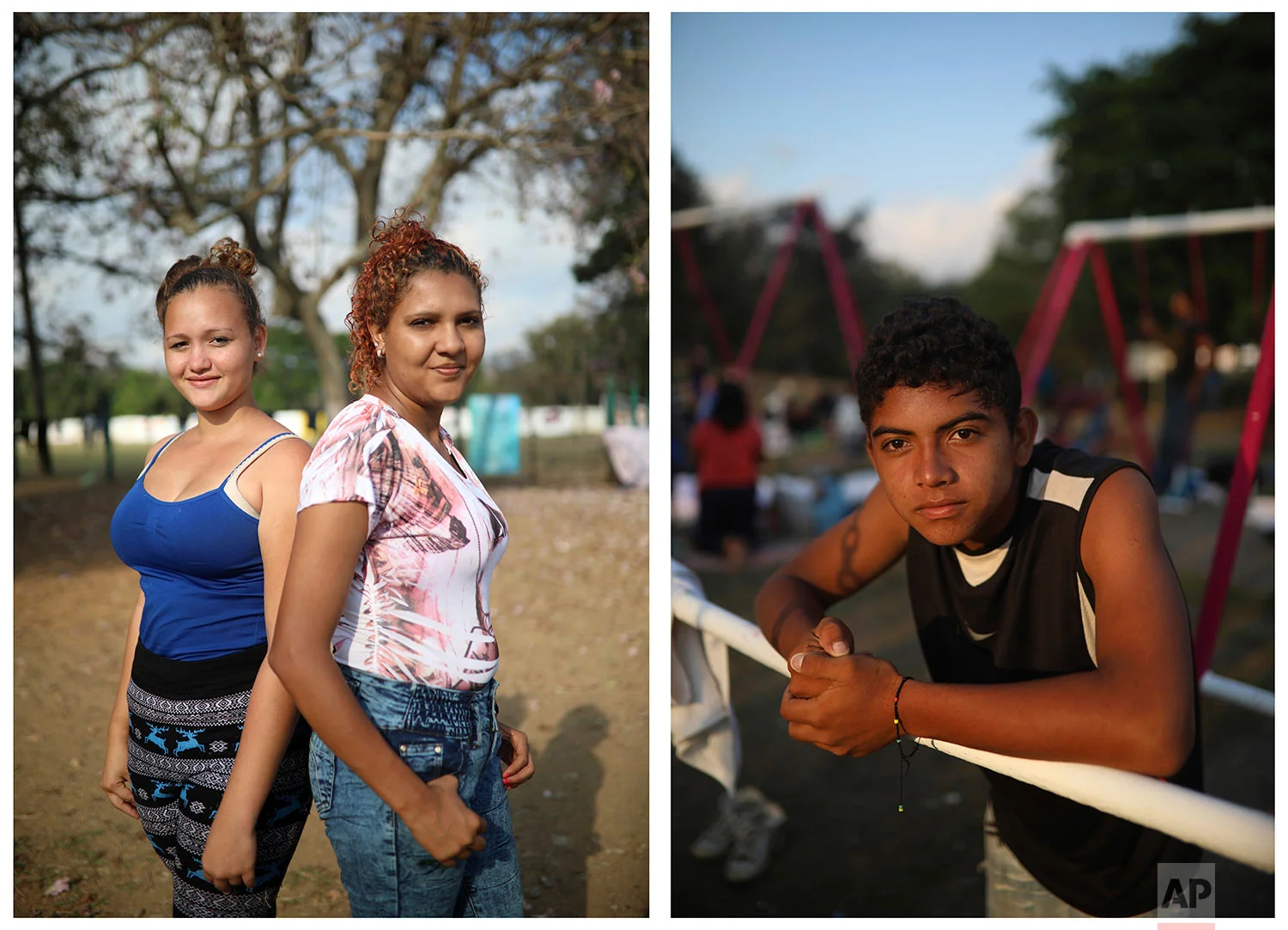 Left: Honduran migrants Patsy Guardado, 15, and Yosselin Alegria, 19, and right: Honduran migrant Carlos Antonio Aguilera, 14, pose for portrait in Matias Romero, Oaxaca State, Mexico, Tuesday, April 3, 2018. (AP Photo/Felix Marquez)