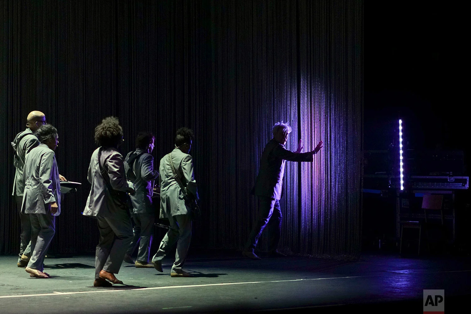 Musician David Byrne presents his latest work 'American Utopia', in Montevideo, Uruguay, March 20, 2018. Byrne's new album, released on March 9, is about the longing people have amid fears and frustrations, he said in a recent interview. (AP Photo/Matilde Campodonico)