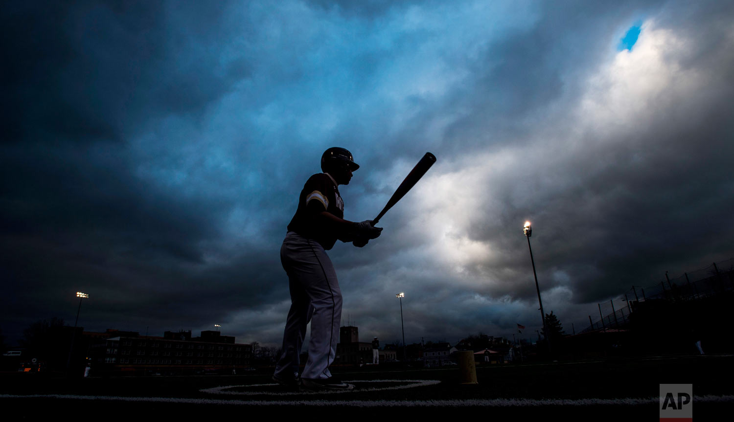  Steel Valley's Terevon Harris stands on deck on Wednesday, April 25, 2018, during the game against Valley at West Field in Munhall, a suburb of Pittsburgh. (Steph Chambers/Pittsburgh Post-Gazette via AP) 