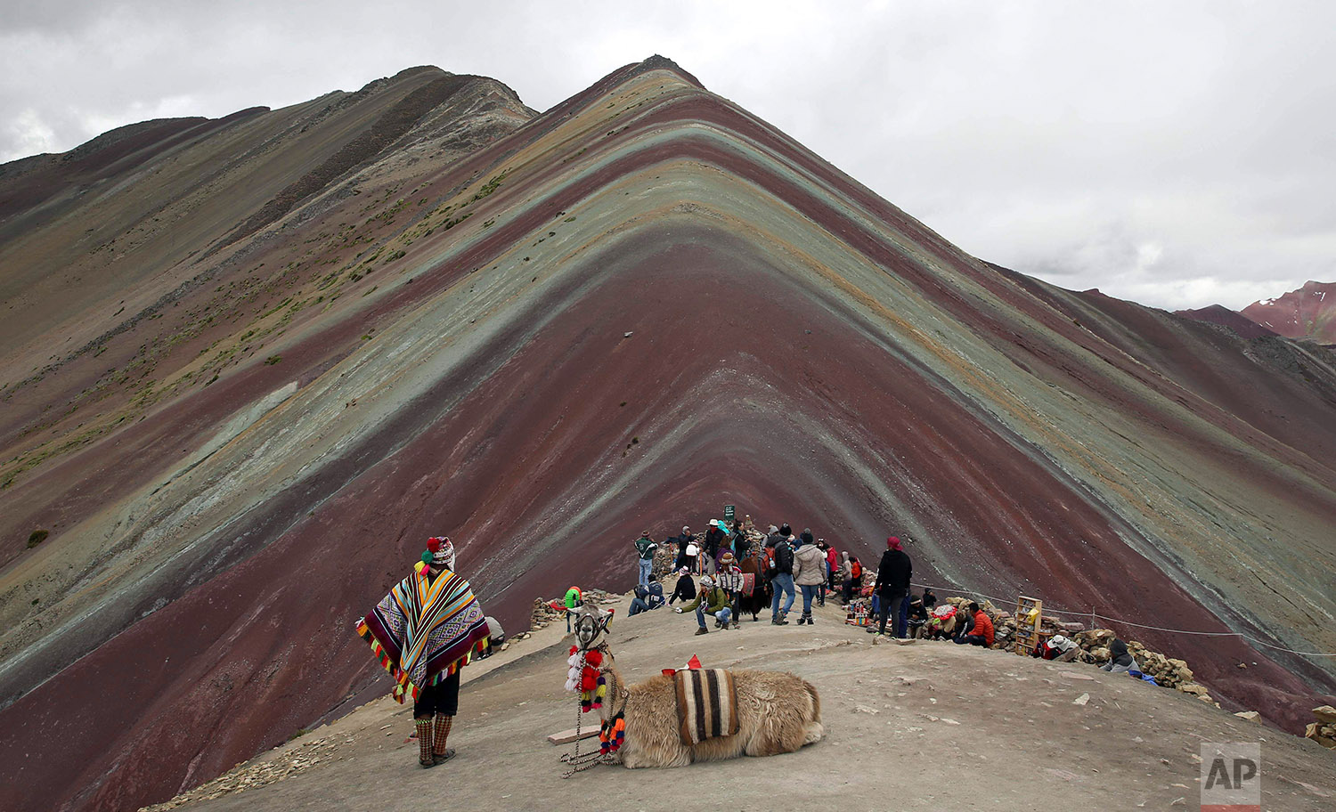  In this March 2, 2018 photo, an Andean guide rests with his llama as tourists take in the natural wonder of Rainbow Mountain, in Pitumarca, Peru. (AP Photo/Martin Mejia) 