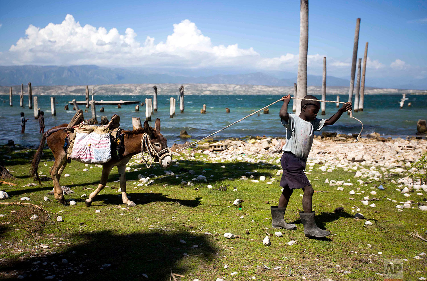  In this April 20, 2018 photo, a youth pulls a donkey carrying a one gallon bag of water he fetched from Lake Azuei in Fond Parisien, Haiti. Behind are homes that were flooded from rising water levels brought by heavy rain. (AP Photo/Dieu Nalio Chery