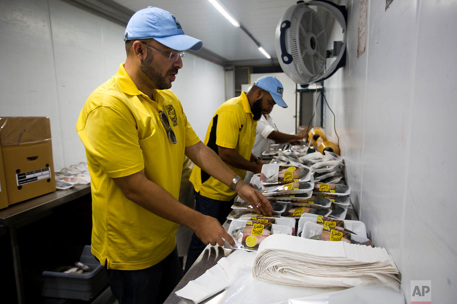  In this April 19, 2018 photo, Taino Aqua Fish owners Hans Woolley, front, and his cousin Gilbert Woolley put stickers on packages of tilapia fish at their fish farm factory on Lake Azuei in Fond Parisien, Haiti. The two U.S. university graduates ret