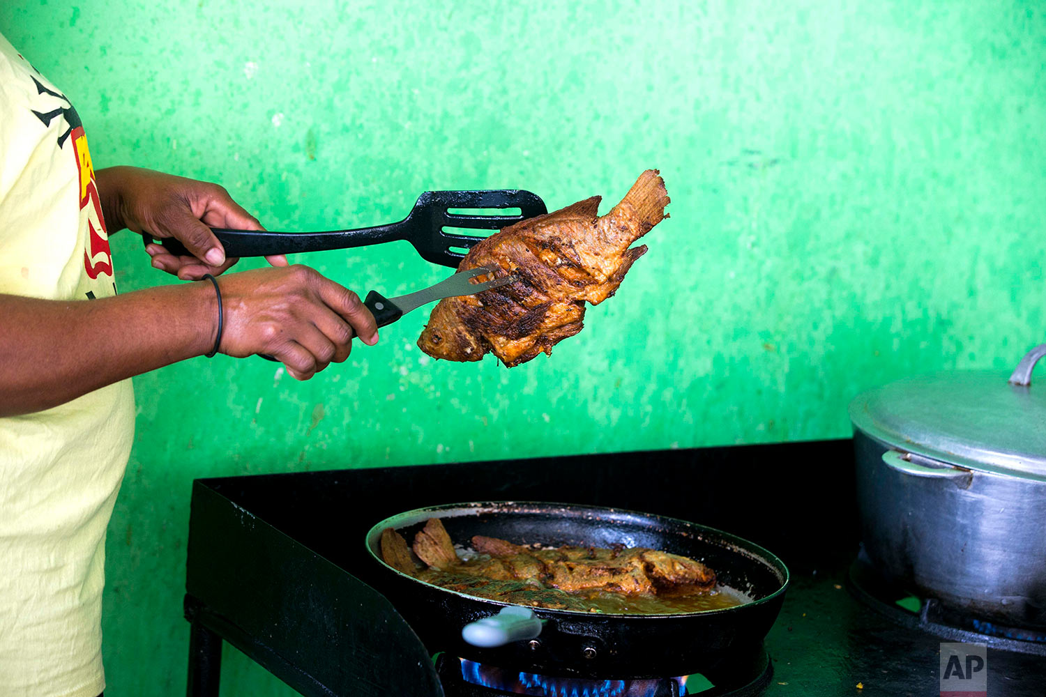  In this April 26, 2018 photo, Marjorie Dorcena cooks tilapia from Taino Aqua Fish farm for a guest staying at a small hotel known as a guest house in Fond Parisien, Haiti. In a country where most people live on less than $2 a day, Taino tilapia cost