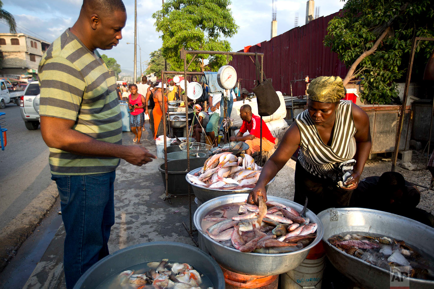  In this April 29, 2018 photo, a fish vendor picks out fish for her client at the biggest fish market in Port-au-Prince, Haiti. The capital's main fish market opens as early as 3am, selling local fish from all over the island's coasts. (AP Photo/Dieu