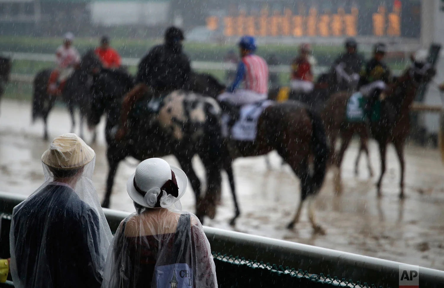 Fans watch race horses as they walk on the track before the 144th running of the Kentucky Derby horse race at Churchill Downs Saturday, May 5, 2018, in Louisville, Ky. (AP Photo/Charlie Riedel)