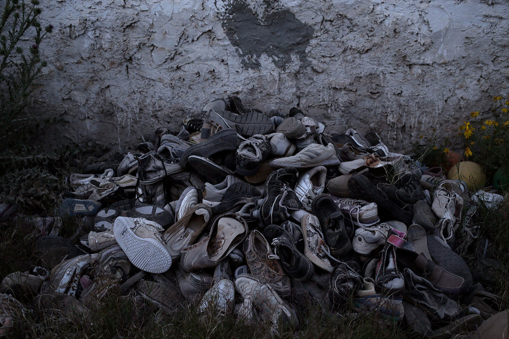  In this April 15, 2018 photo,  migrants shoes which were collected by artist Mohsen Lahzib at his space, at the southern port town of Zarzis, Tunisia. (AP Photo/Nariman El-Mofty) 