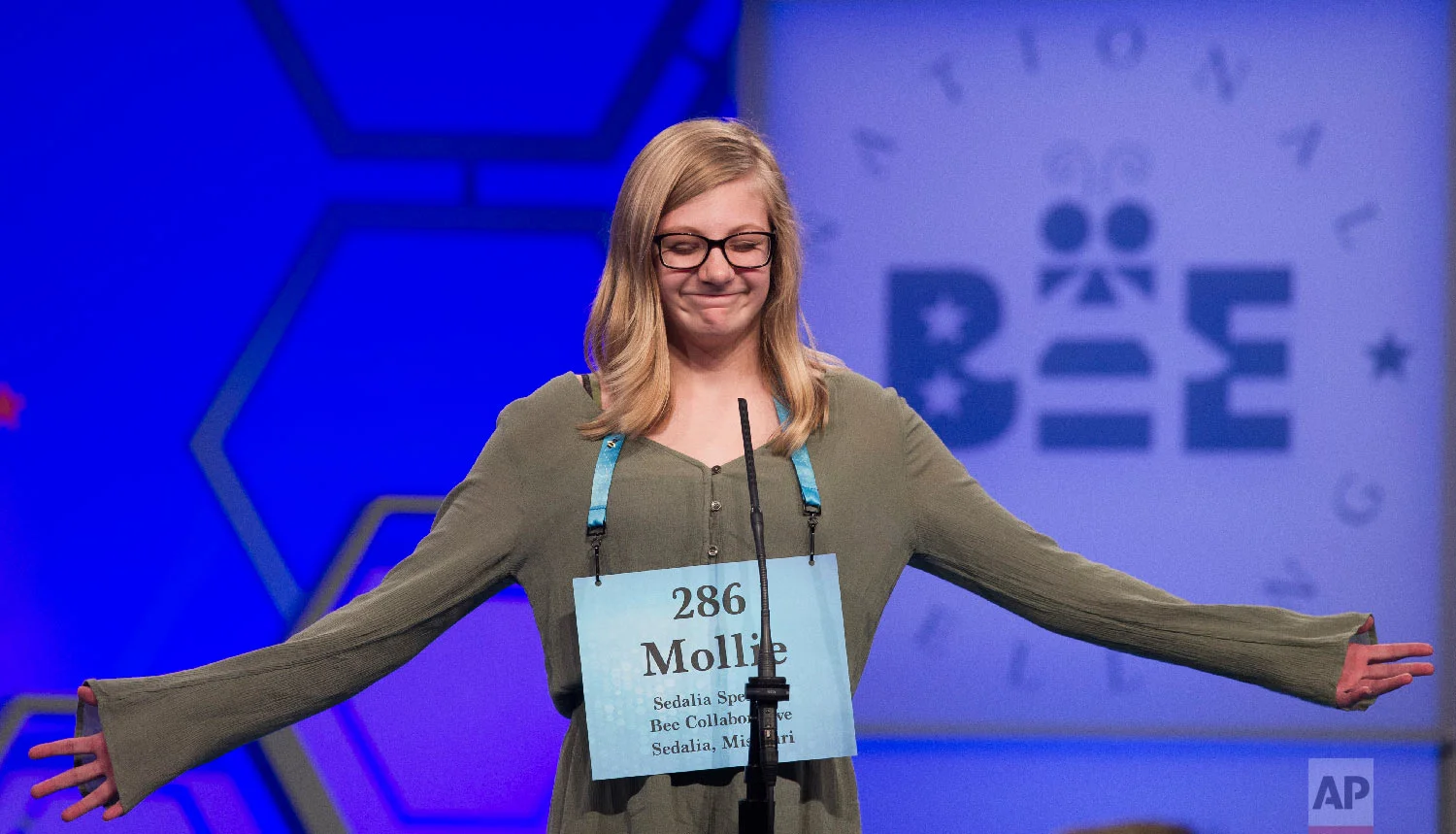 Mollie Miner, 11, from Sedalia, Mo., misspells her word during the second round of the Scripps National Spelling Bee in Oxon Hill, Md., Tuesday, May 29, 2018. (AP Photo/Cliff Owen)