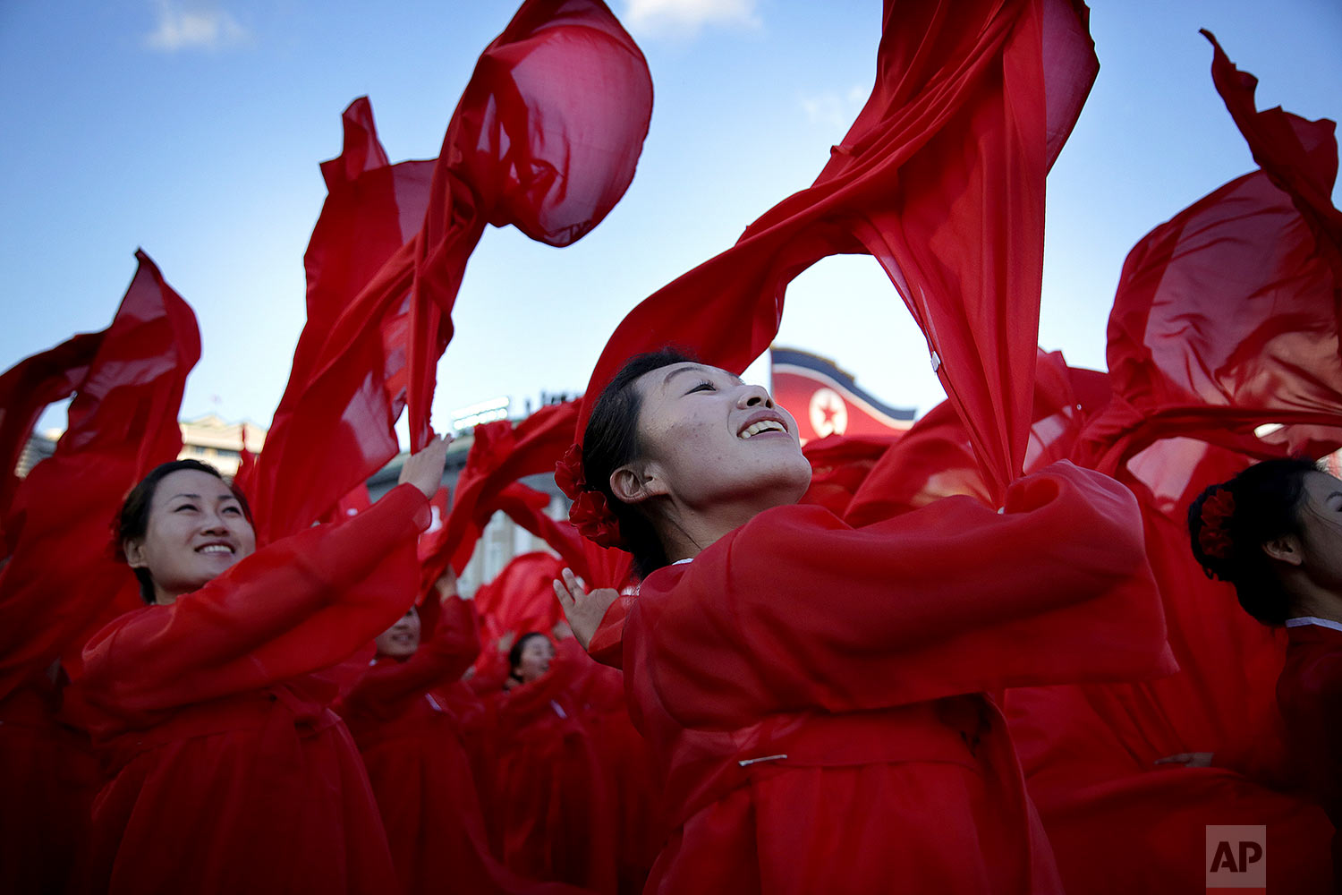 Dancers perform during a military parade in Kim Il Sung Square in Pyongyang, North Korea, on Oct. 10, 2015. (AP Photo/Wong Maye-E)