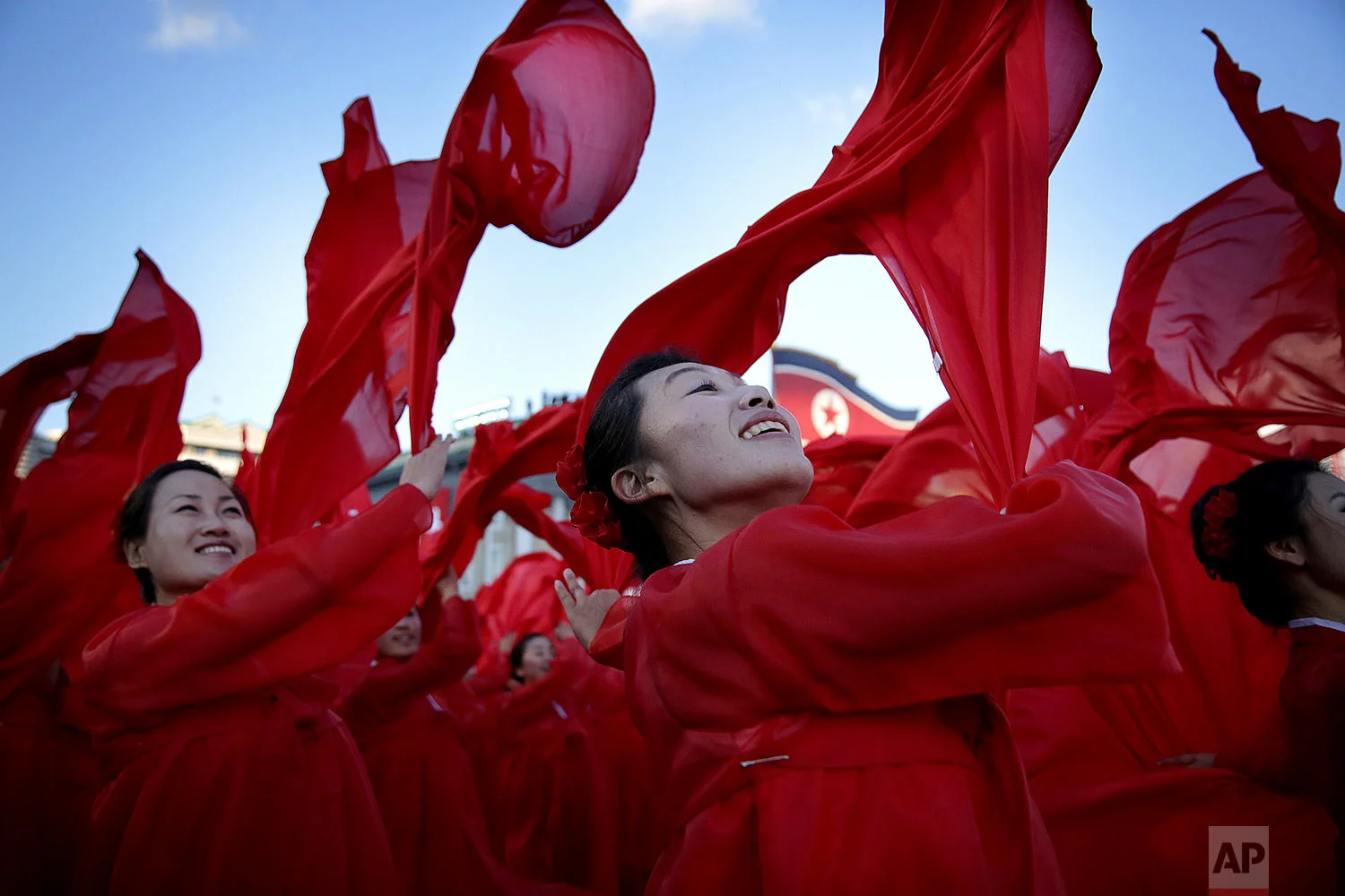 Dancers perform during a military parade in Kim Il Sung Square in Pyongyang, North Korea, on Oct. 10, 2015. (AP Photo/Wong Maye-E)