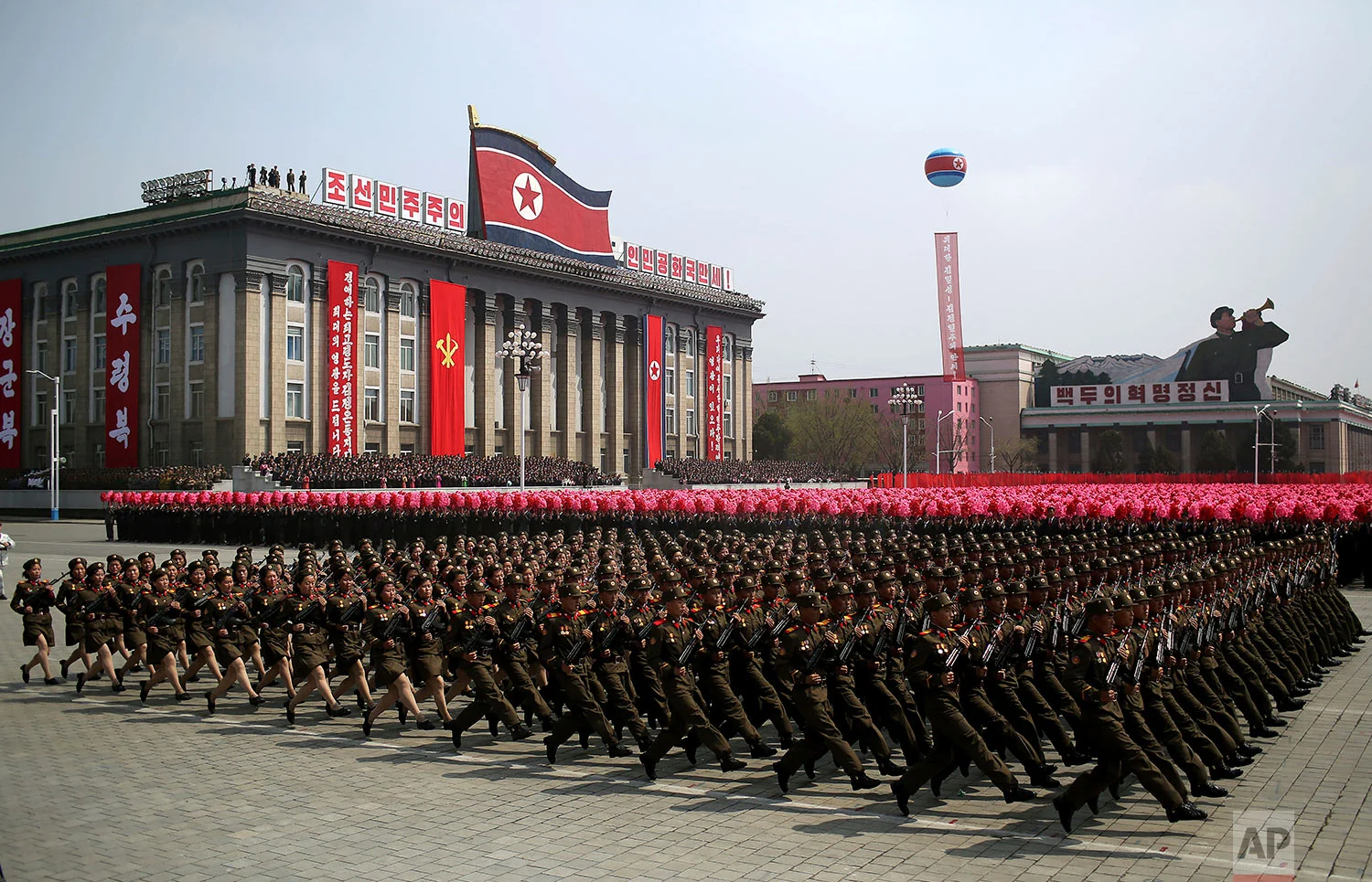 Soldiers march across Kim Il Sung Square during a military parade in Pyongyang, North Korea, on April 15, 2017. (AP Photo/Wong Maye-E)