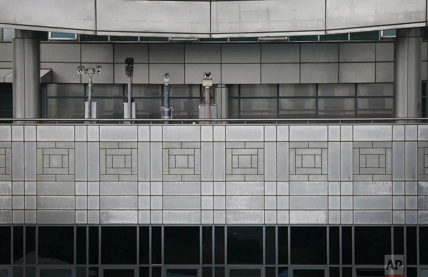 Surveillance cameras on the South Korean side of the Demilitarized Zone face the truce village of Panmunjom, Korea, on July 22, 2013. (AP Photo/Wong Maye-E)