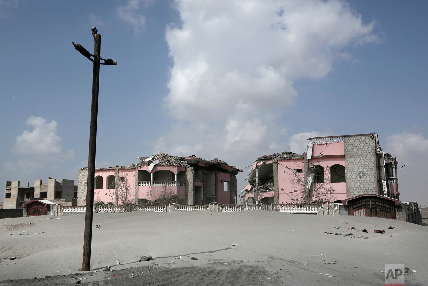 This Feb. 15, 2018 photo, shows damaged property due to the war in Abyan, Yemen. Violence, famine and disease have ravished the country of some 28 million, which was already the Arab world’s poorest before the conflict began. The conflict pits a U.S.-backed, Saudi-led coalition supporting the internationally recognized government, which has nominally relocated to Aden but largely lives in exile, against rebels known as Houthis. (AP Photo/Nariman El-Mofty)