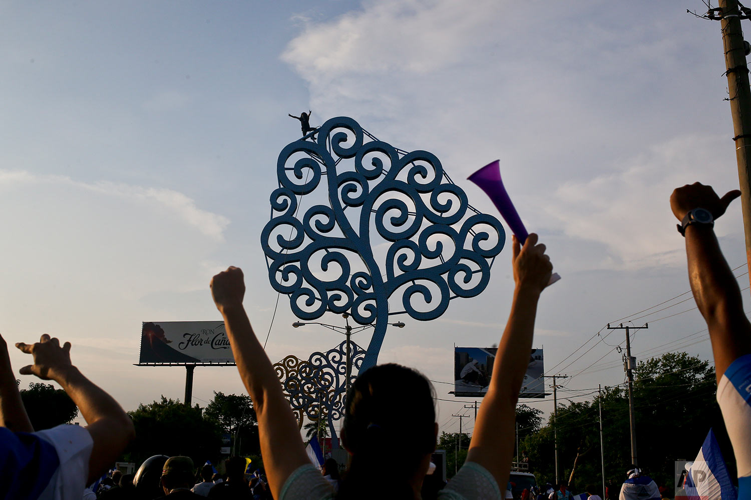 In this May 20, 2018 photo, protesters take over a "Tree of Life" sculpture, part of a city beautification project of first lady Rosario Murillo, as they shout anti-government slogans before toppling it in Managua, Nicaragua. (AP Photo/Esteban Felix