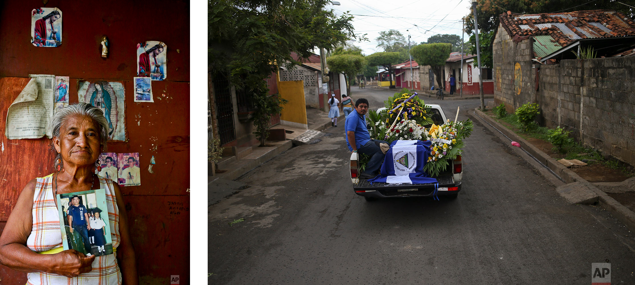  LEFT: Guadalupe Ruiz holds a photo of her artist son Donald Lopez who was arrested and shot by the national police during an anti-government protest, in Masaya, Nicaragua, June 6, 2018. RIGHT: The remains of Manuel de Jesus Chavez are driven to the 