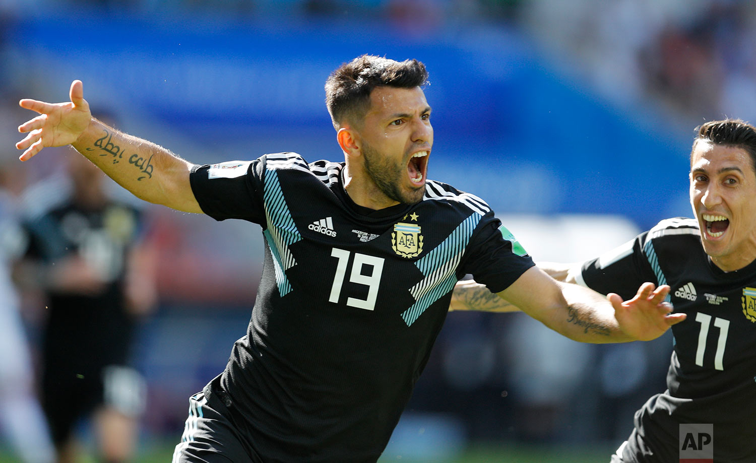  Argentina's Sergio Aguero celebrates after scoring his side's first goal during the group D match between Argentina and Iceland at the 2018 soccer World Cup in the Spartak Stadium in Moscow, Russia, Saturday, June 16, 2018. (AP Photo/Victor Caivano)