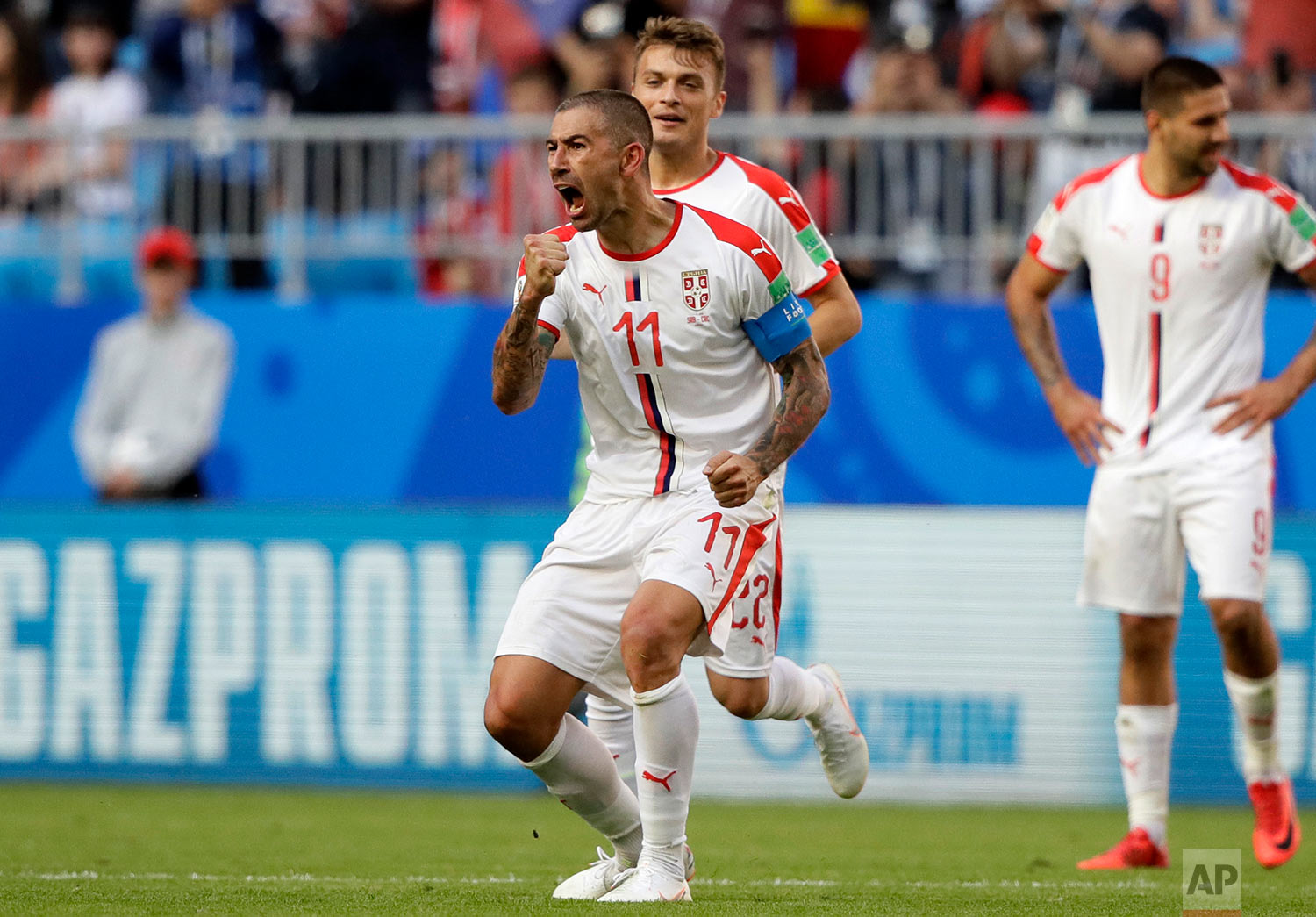  Serbia's Aleksandar Kolarov celebrates after scoring the opening goal during the group E match between Costa Rica and Serbia at the 2018 soccer World Cup in the Samara Arena in Samara, Russia, Sunday, June 17, 2018. (AP Photo/Mark Baker) 