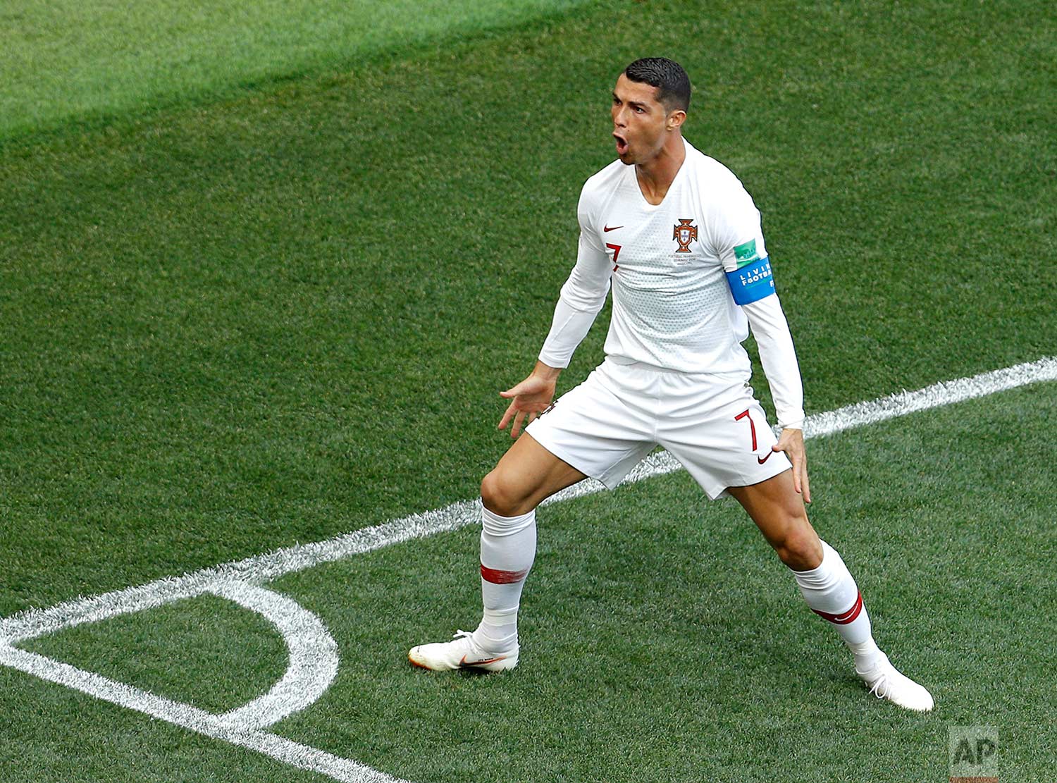  Portugal's Cristiano Ronaldo celebrates after scoring the opening goal during the group B match between Portugal and Morocco at the 2018 soccer World Cup in the Luzhniki Stadium in Moscow, Russia, Wednesday, June 20, 2018. (AP Photo/Victor Caivano) 