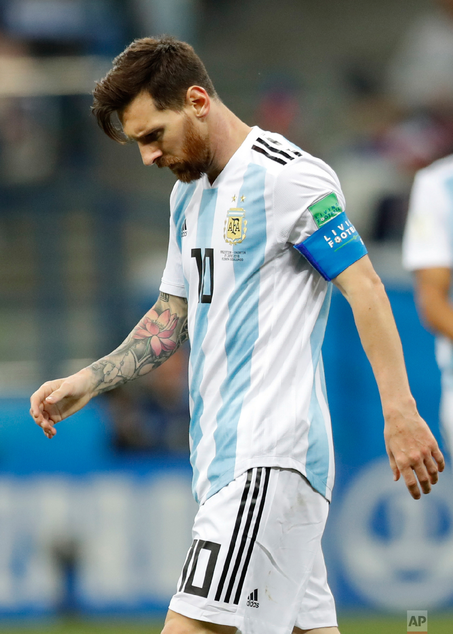 Argentina's Lionel Messi looks down after Croatia's Luka Modric scored his side's second goal during the group D match between Argentina and Croatia at the 2018 soccer World Cup in Nizhny Novgorod Stadium in Novgorod, Russia, Thursday, June 21, 2018. (AP Photo/Pavel Golovkin)