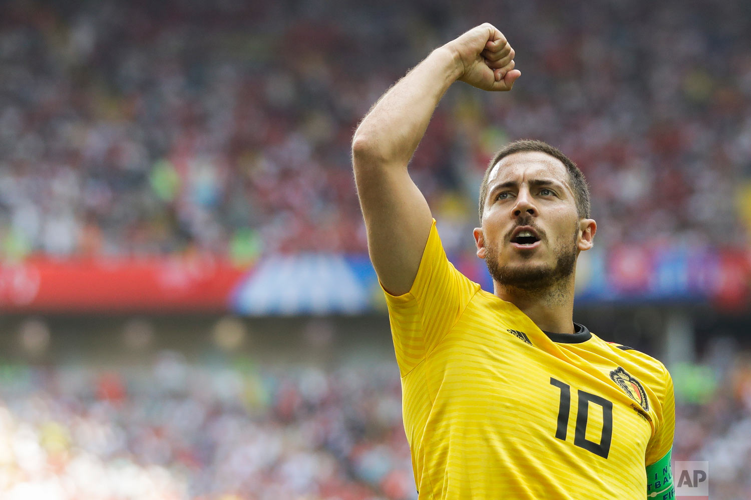 Belgium's Eden Hazard celebrates after scoring his side's fourth goal during the group G match between Belgium and Tunisia at the 2018 soccer World Cup in the Spartak Stadium in Moscow, Russia, Saturday, June 23, 2018. (AP Photo/Matthias Schrader)