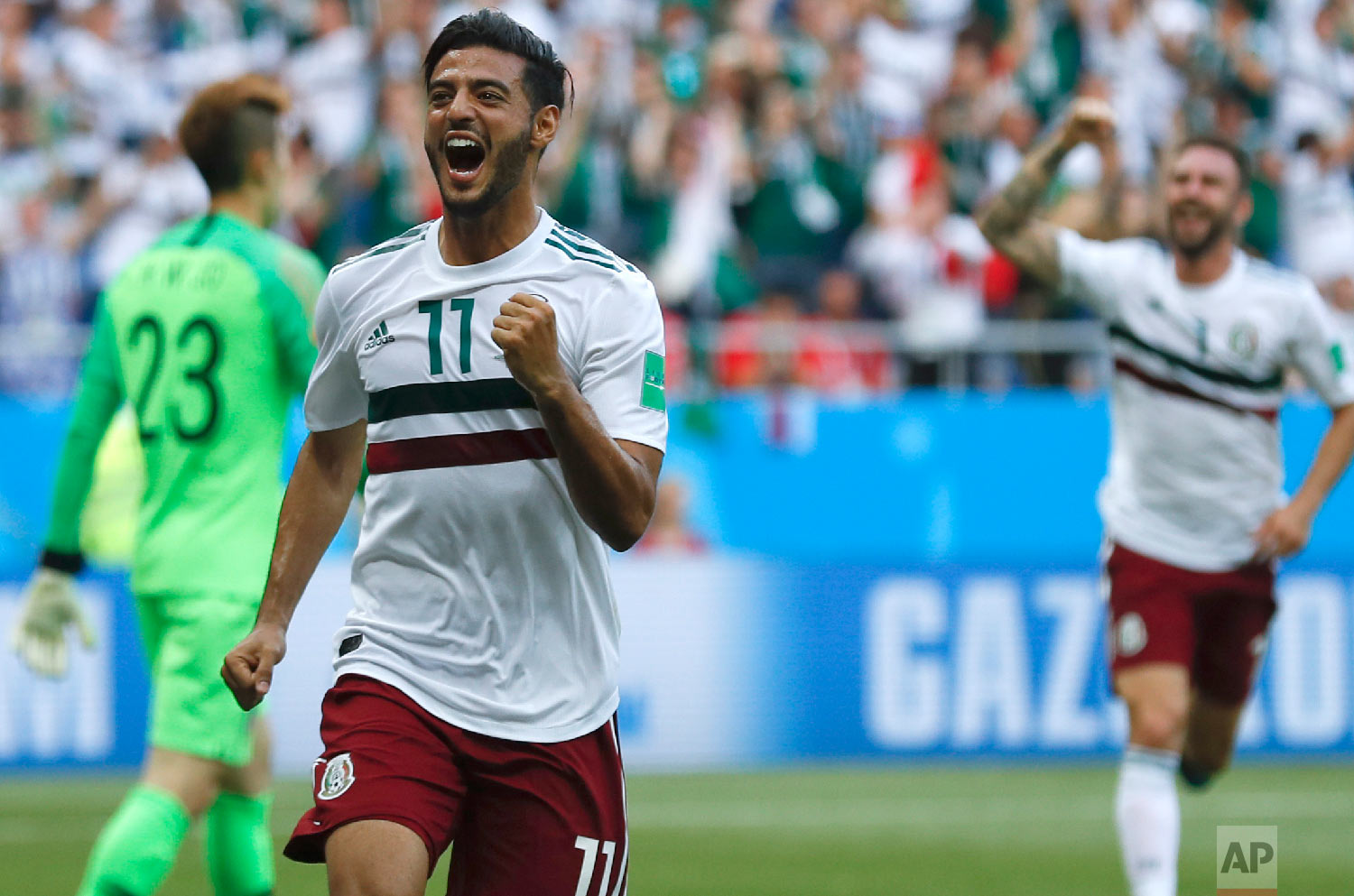 Mexico's Carlos Vela celebrates after scoring the opening goal during the group F match between Mexico and South Korea at the 2018 soccer World Cup in the Rostov Arena in Rostov-on-Don, Russia, Saturday, June 23, 2018. (AP Photo/Eduardo Verdugo)