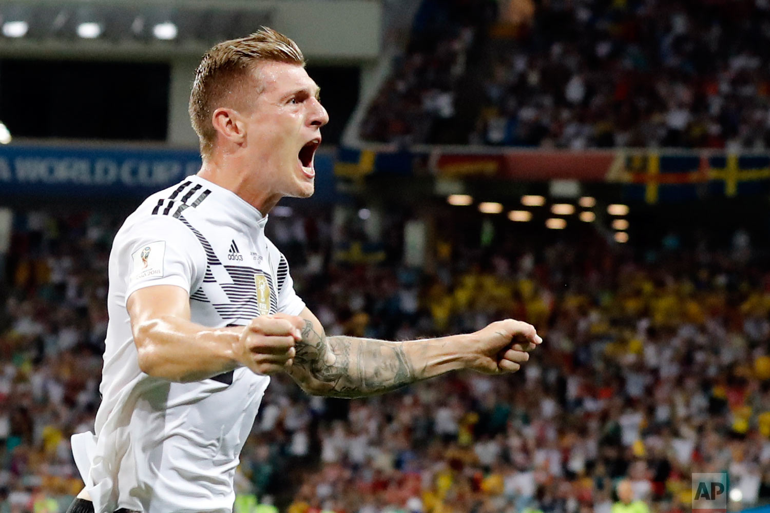 Germany's Toni Kroos celebrates after he scored his side's second goal during the group F match between Germany and Sweden at the 2018 soccer World Cup in the Fisht Stadium in Sochi, Russia, Saturday, June 23, 2018. (AP Photo/Frank Augstein)