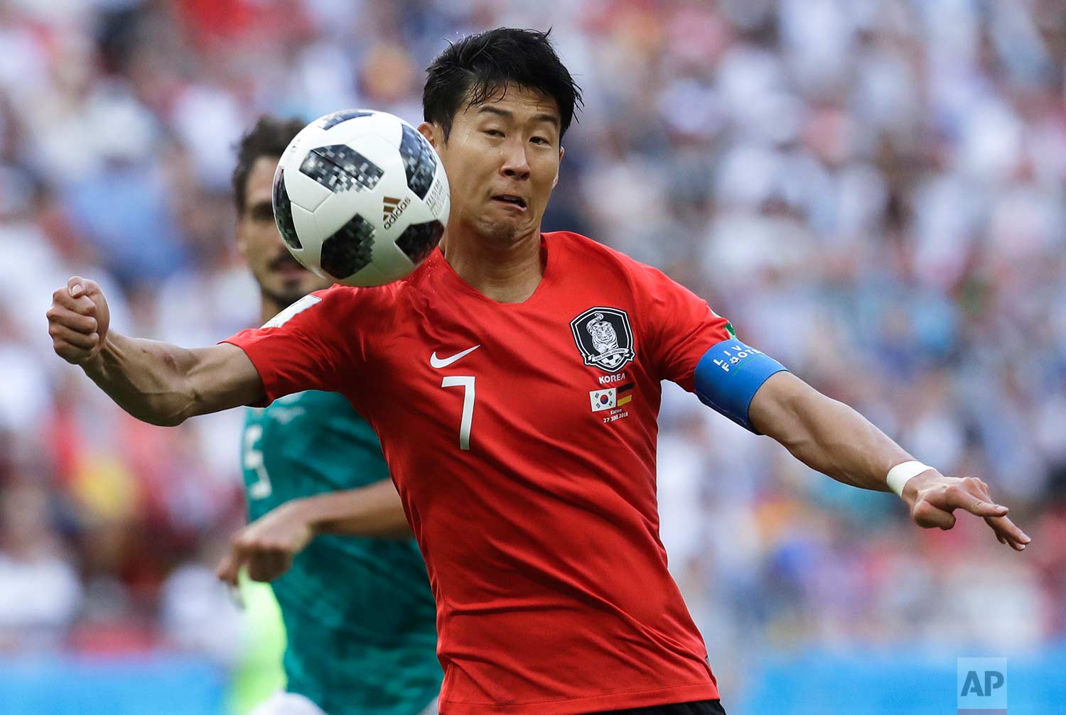 South Korea's Son Heung-min controls a ball during the group F match between South Korea and Germany, at the 2018 soccer World Cup in the Kazan Arena in Kazan, Russia, Wednesday, June 27, 2018. (AP Photo/Michael Probst)