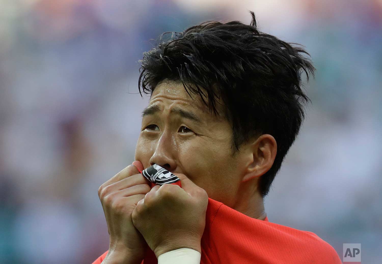 South Korea's Son Heung-min celebrates after scoring his side's second goal during the group F match between South Korea and Germany, at the 2018 soccer World Cup in the Kazan Arena in Kazan, Russia, Wednesday, June 27, 2018. (AP Photo/Michael Probst)