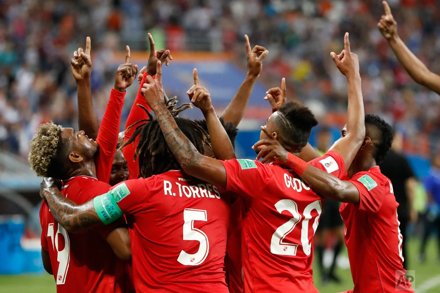 Panama players celebrate after an own goal by Tunisia's Yassine Meriah during the group G match between Panama and Tunisia at the 2018 soccer World Cup at the Mordovia Arena in Saransk, Russia, Thursday, June 28, 2018. (AP Photo/Darko Bandic)