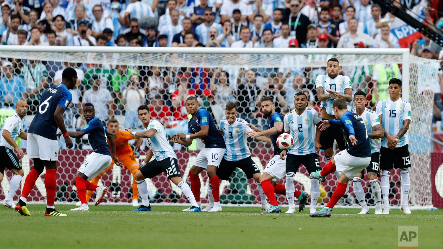 France's Antoine Griezmann takes a free kick during the round of 16 match between France and Argentina, at the 2018 soccer World Cup at the Kazan Arena in Kazan, Russia, Saturday, June 30, 2018. (AP Photo/David Vincent)