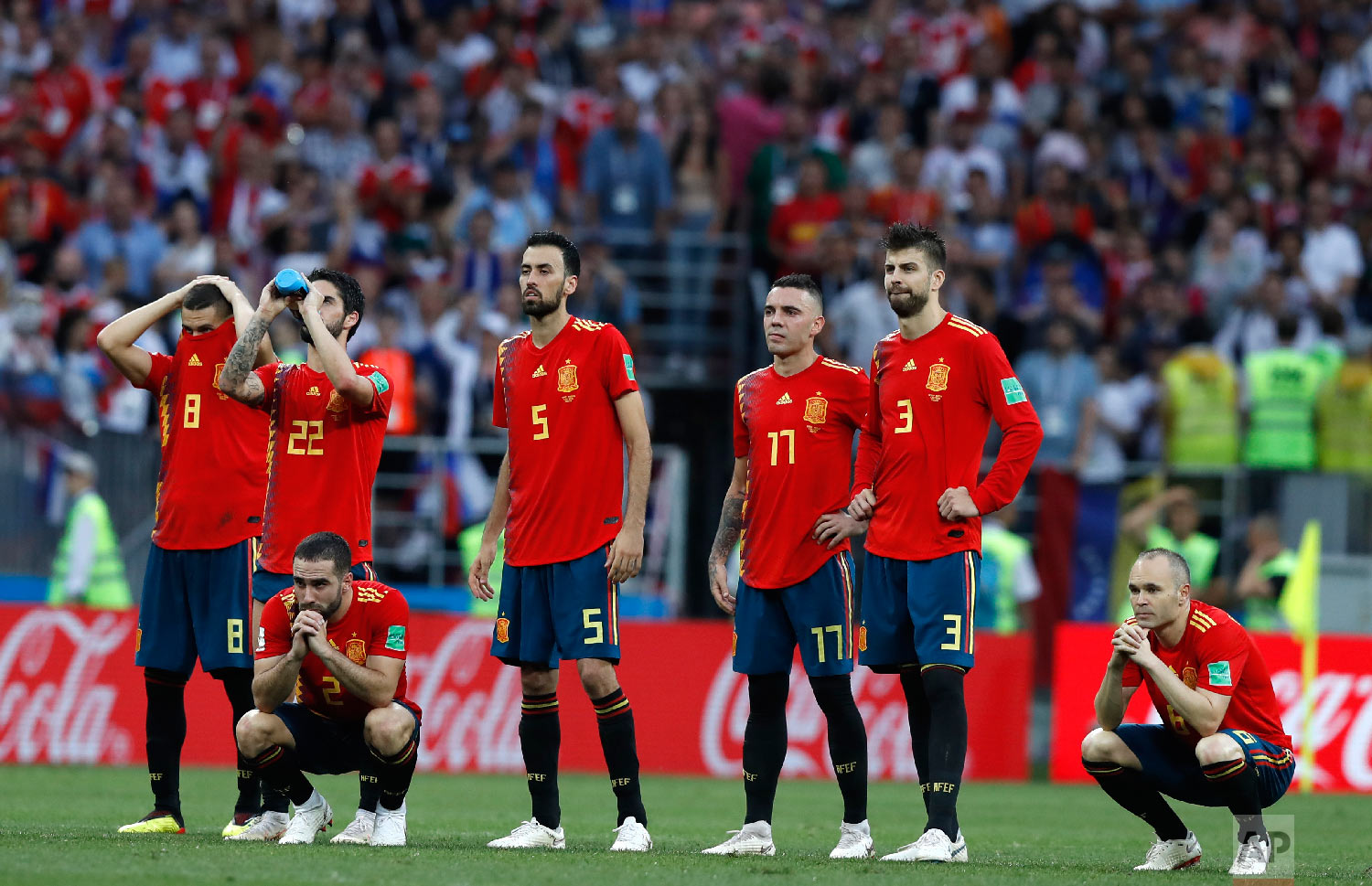  Spain's Andres Iniesta, right, watches with teammates after Spain were defeated in a penalty shoot out by Russia in the round of 16 match between Spain and Russia at the 2018 soccer World Cup at the Luzhniki Stadium in Moscow, Russia, Sunday, July 1