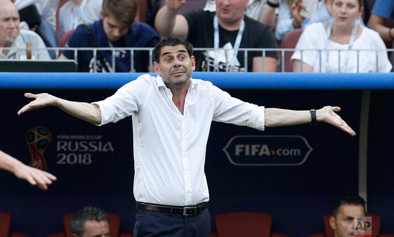 Spain head coach Fernando Hierro reacts during the round of 16 match between Spain and Russia at the 2018 soccer World Cup at the Luzhniki Stadium in Moscow, Russia, Sunday, July 1, 2018. (AP Photo/Victor R. Caivano)