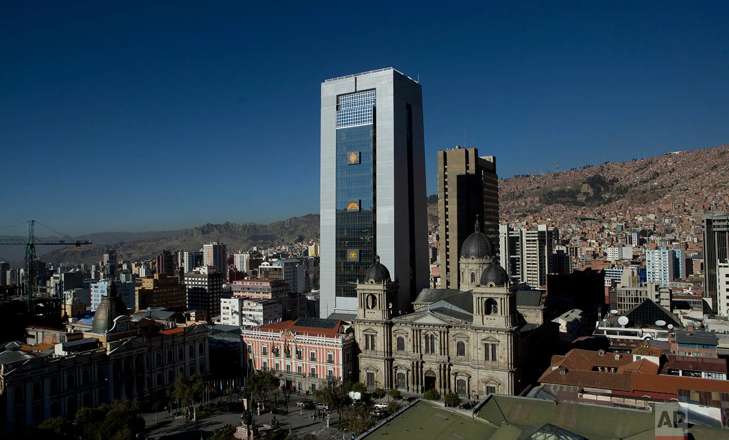 Bolivia's new presidential palace stands tall in the historic district of downtown La Paz, Bolivia, June 20, 2018. The 28-floor palace, including a helipad, a jacuzzi suite, massage room and gym, cost 34 million dollars in South America's poorest nation. (AP Photo/Juan Karita)