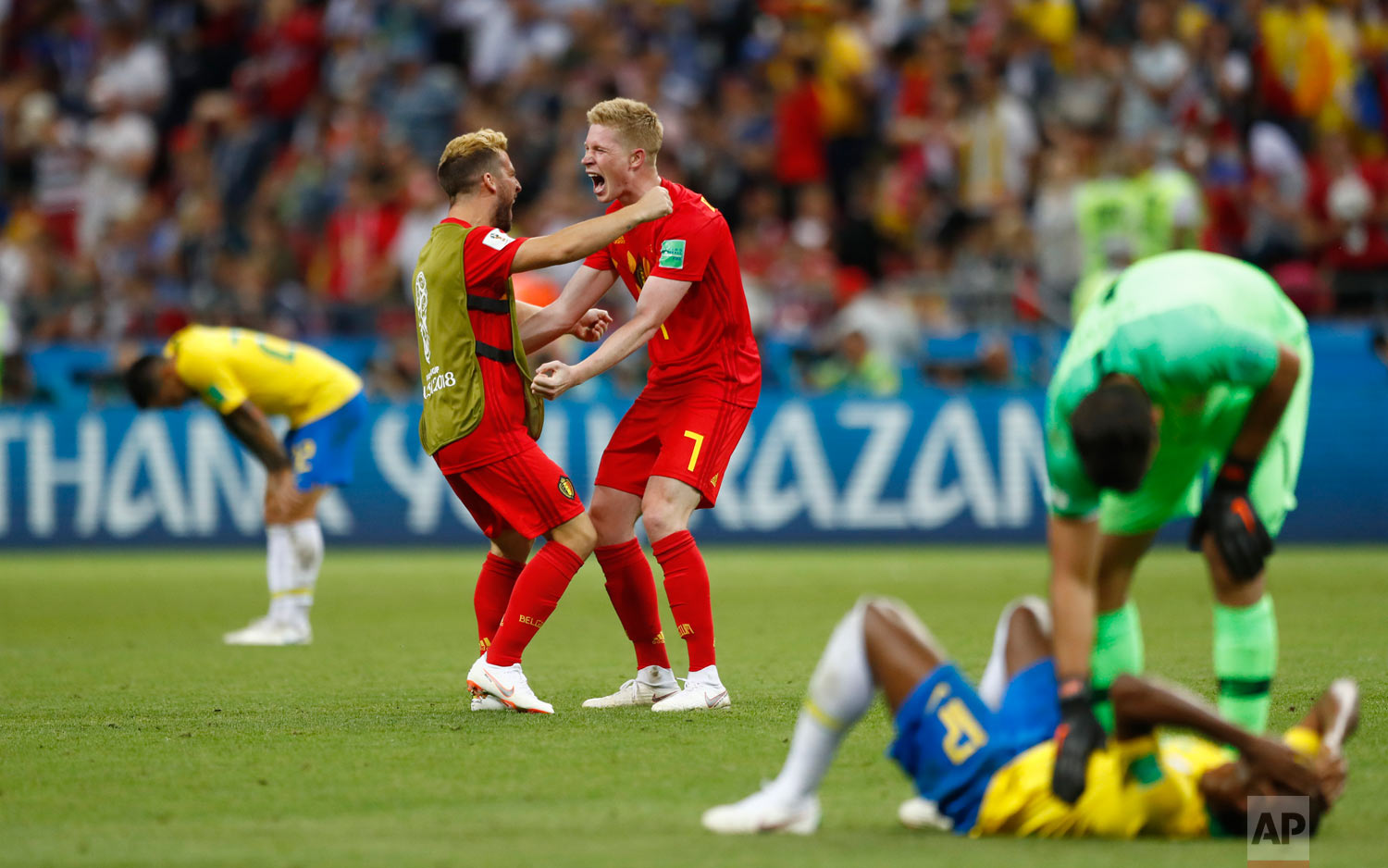  Belgium's Kevin De Bruyne (7) celebrates after the final whistle as Belgium defeat Brazil in their quarterfinal match between Brazil and Belgium at the 2018 soccer World Cup in the Kazan Arena, in Kazan, Russia, Friday, July 6, 2018. Belgium won the