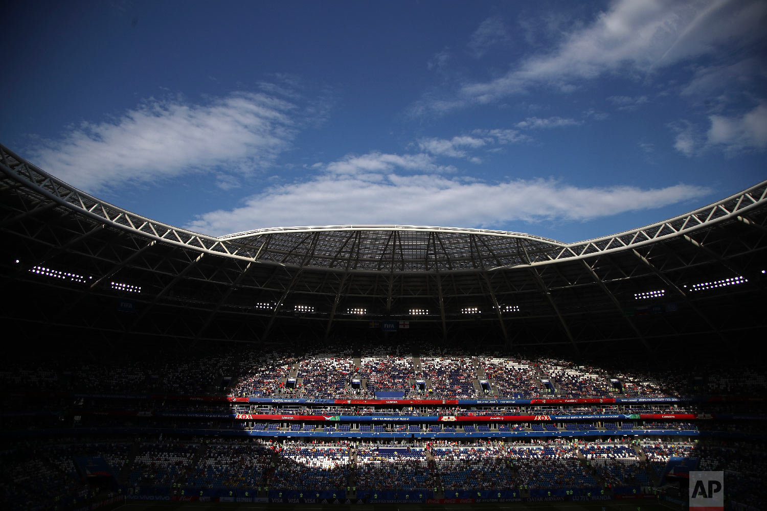  Spectators on the stands wait for the start of the quarterfinal match between Sweden and England at the 2018 soccer World Cup in the Samara Arena, in Samara, Russia, Saturday, July 7, 2018. (AP Photo/Thanassis Stavrakis) 