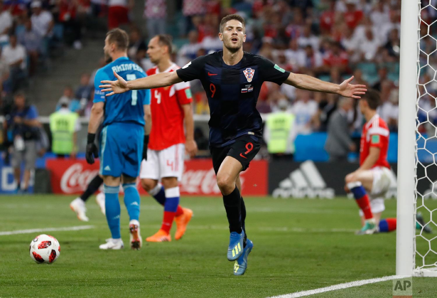  Croatia's Andrej Kramaric celebrates his side's opening goal during the quarterfinal match between Russia and Croatia at the 2018 soccer World Cup in the Fisht Stadium, in Sochi, Russia, Saturday, July 7, 2018. (AP Photo/Darko Bandic) 