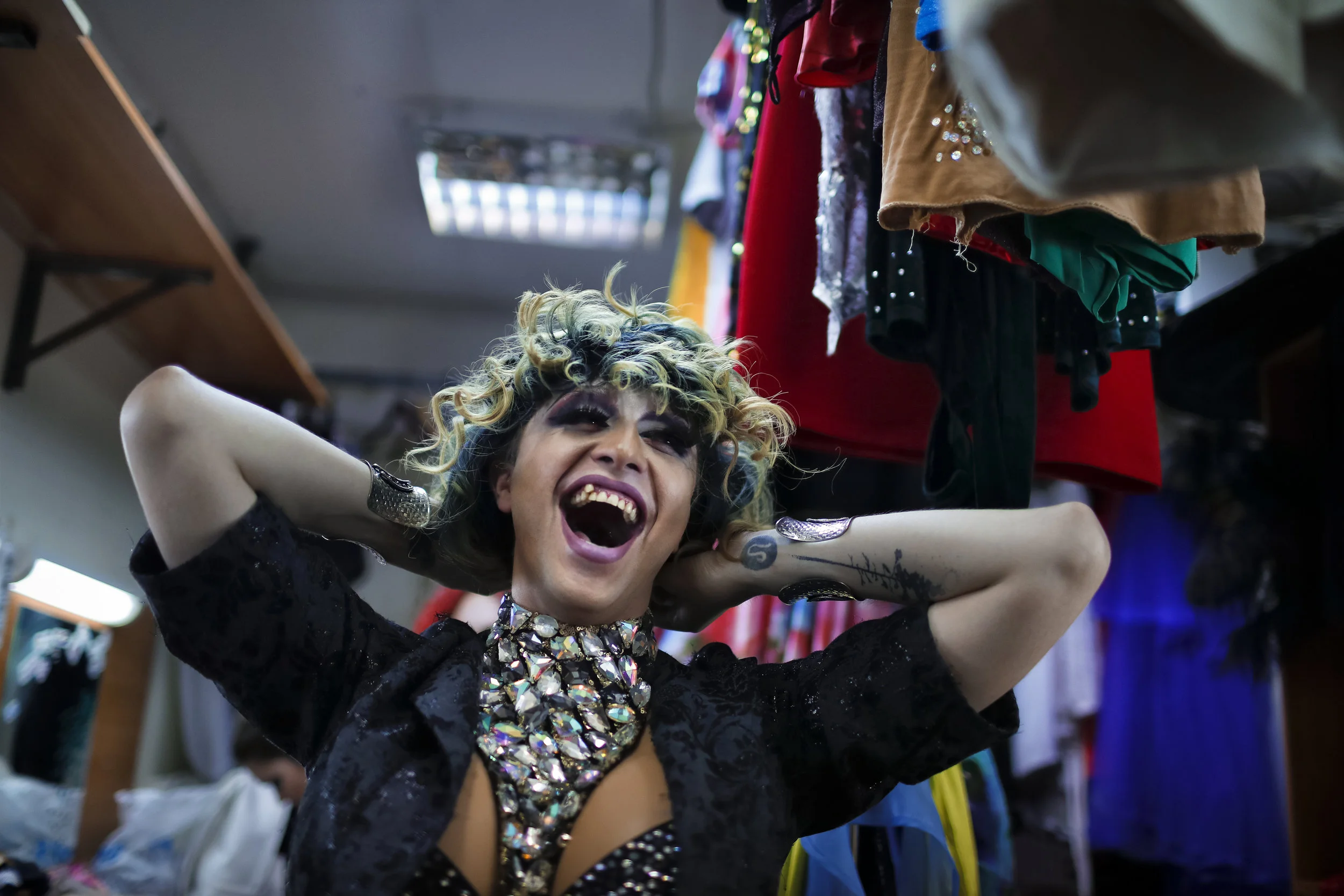 Markus, who uses the stage name Linda Fox, laughs backstage at the Fame gay club, during the 2018 soccer World Cup in Yekaterinburg, Russia on Sunday, June 24, 2018. (AP Photo/Natacha Pisarenko)