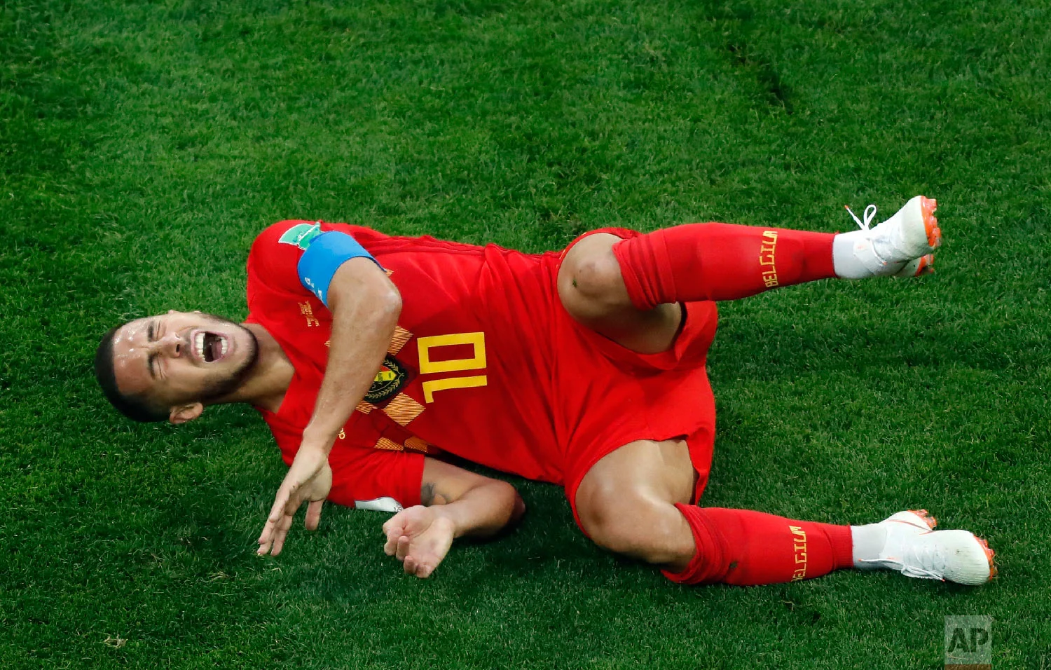 Belgium's Eden Hazard reacts during the semifinal match between France and Belgium at the 2018 soccer World Cup in the St. Petersburg Stadium in St. Petersburg, Russia, Tuesday, July 10, 2018. (AP Photo/Pavel Golovkin)