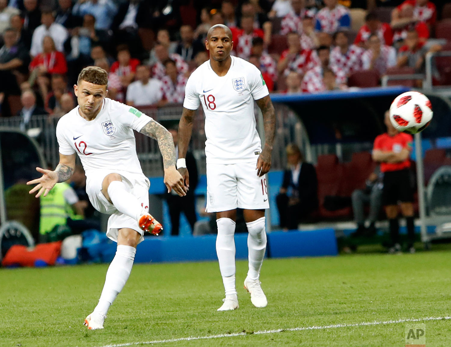  England's Kieran Trippier scores his side's opening goal during the semifinal match between Croatia and England at the 2018 soccer World Cup in the Luzhniki Stadium in, Moscow, Russia, Wednesday, July 11, 2018. (AP Photo/Alastair Grant) 