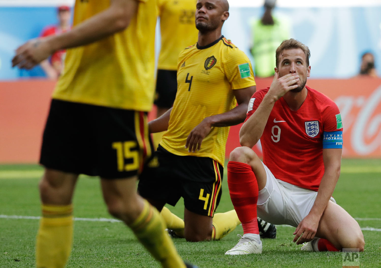England's Harry Kane reacts during the third place match between England and Belgium at the 2018 soccer World Cup in the St. Petersburg Stadium in St. Petersburg, Russia, Saturday, July 14, 2018. (AP Photo/Petr David Josek)