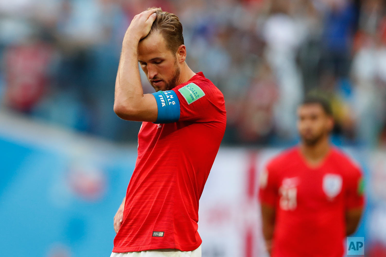  England's Harry Kane reacts after the third place match between England and Belgium at the 2018 soccer World Cup in the St. Petersburg Stadium in St. Petersburg, Russia, Saturday, July 14, 2018. (AP Photo/Natacha Pisarenko) 