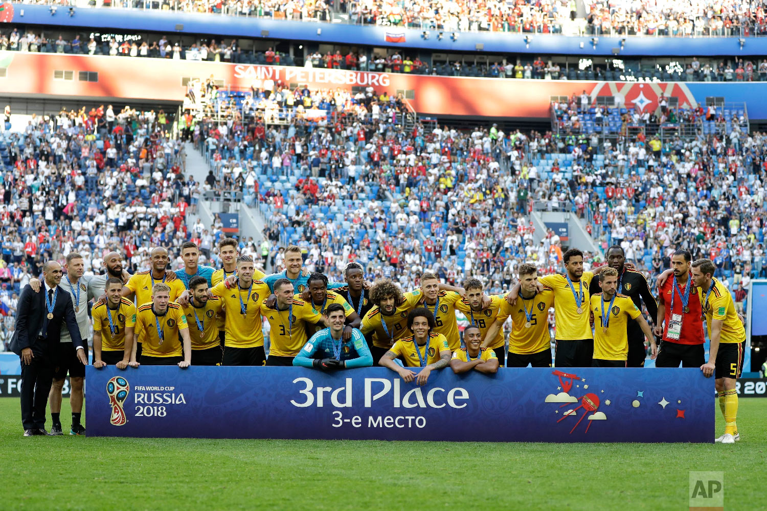  Team Belgium pose after the third place match between England and Belgium at the 2018 soccer World Cup in the St. Petersburg Stadium in St. Petersburg, Russia, Saturday, July 14, 2018. (AP Photo/Natacha Pisarenko) 