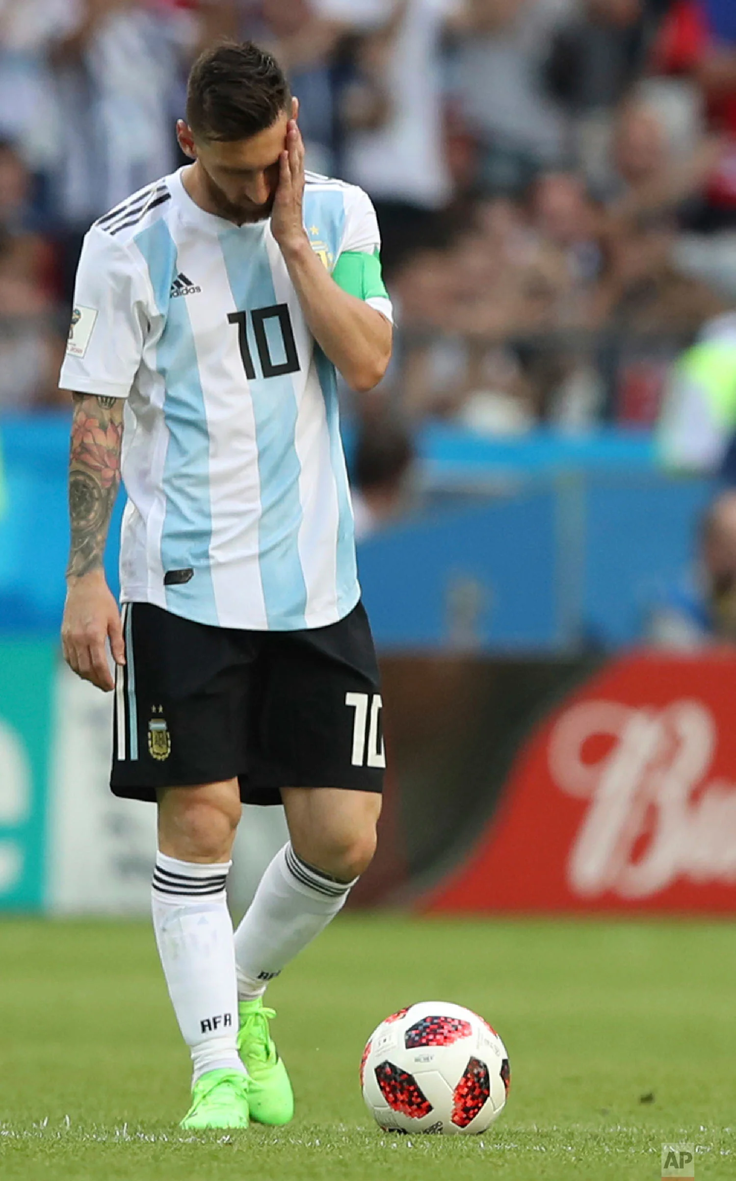 Argentina's Lionel Messi reacts after France takes the lead during the round of 16 match between France and Argentina, at the 2018 soccer World Cup at the Kazan Arena in Kazan, Russia on June 30, 2018. (AP Photo/Thanassis Stavrakis)