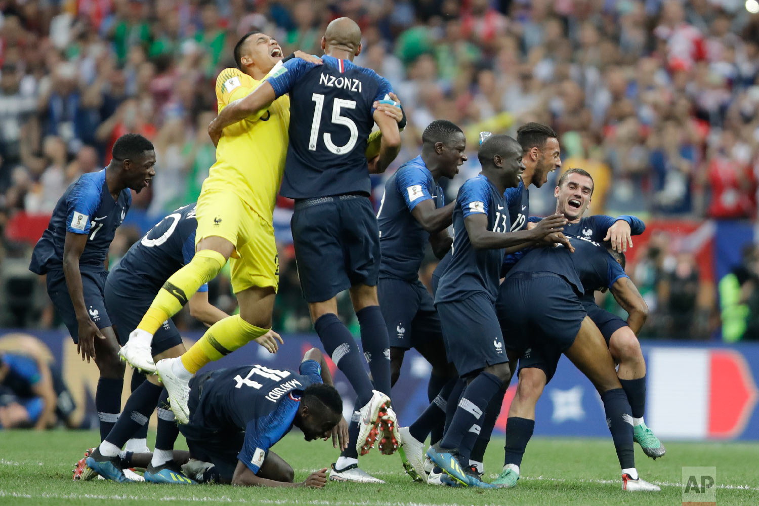 French players celebrate winning the final match against Croatia at the 2018 soccer World Cup in the Luzhniki Stadium in Moscow, Russia, Sunday, July 15, 2018. (AP Photo/Natacha Pisarenko)