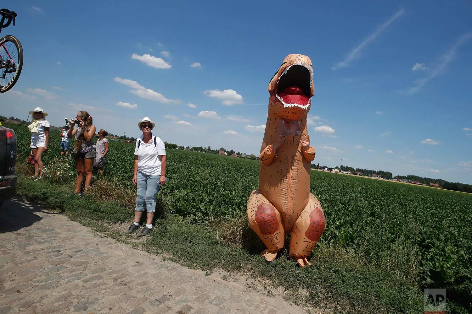 Spectators wait for the riders to pass on a cobblestone section of the ninth stage of the Tour de France cycling race over 156.5 kilometers (97.2 miles) with start in Arras and finish in Roubaix, France, Sunday, July 15, 2018. (AP Photo/Christophe Ena)