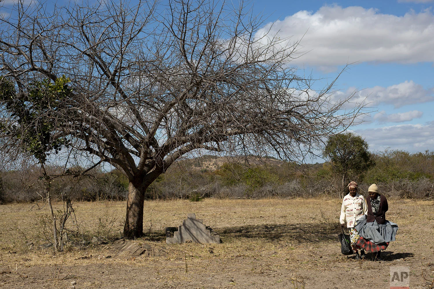 Ellis Ndlovu, 91, walks in Simbumbumbu, Zimbabwe, past the grave of her son Edwel. (AP Photo/Jerome Delay)