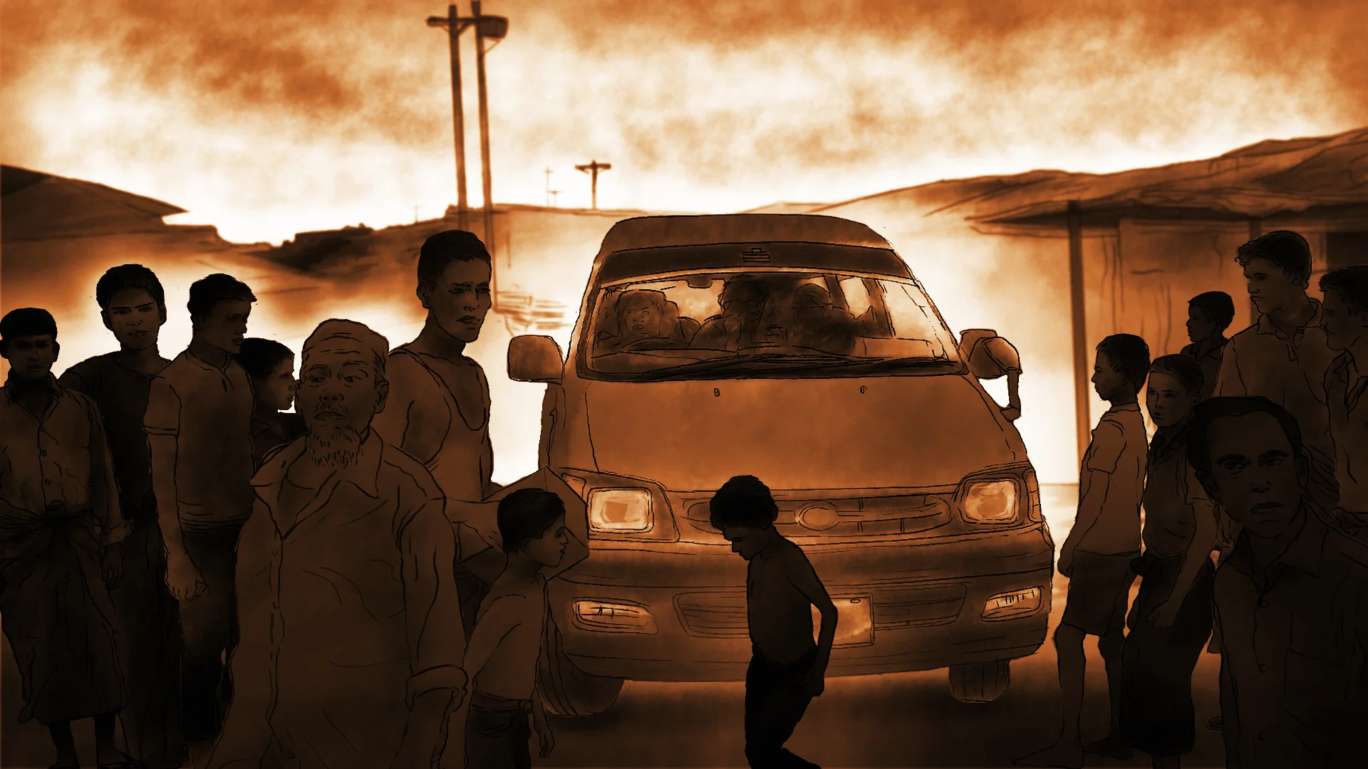 Illustration showing the van navigating a crowd in the Rohingya refugee camp. (AP Illustration/Peter Hamlin)