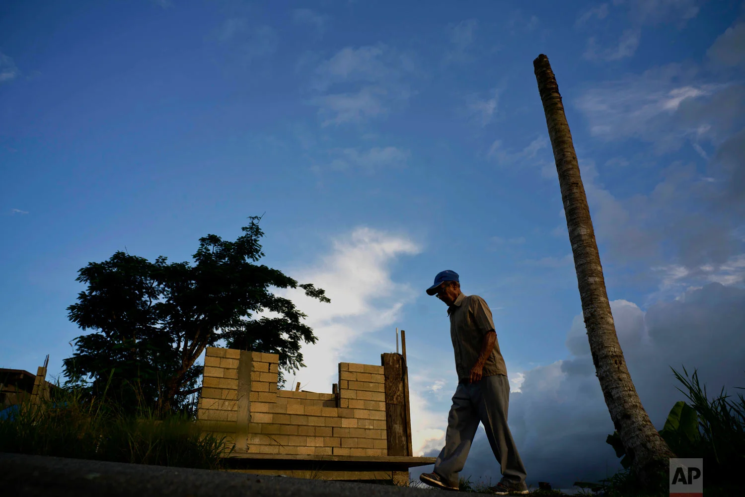  In this Sept. 8, 2018 photo, Ramon Alicea Burgos walks past his palm tree, with its top broken off by Hurricane Maria one year ago, outside his partially rebuilt home in the mountain town of Barranquitas, Puerto Rico.  (AP Photo/Ramon Espinosa) 